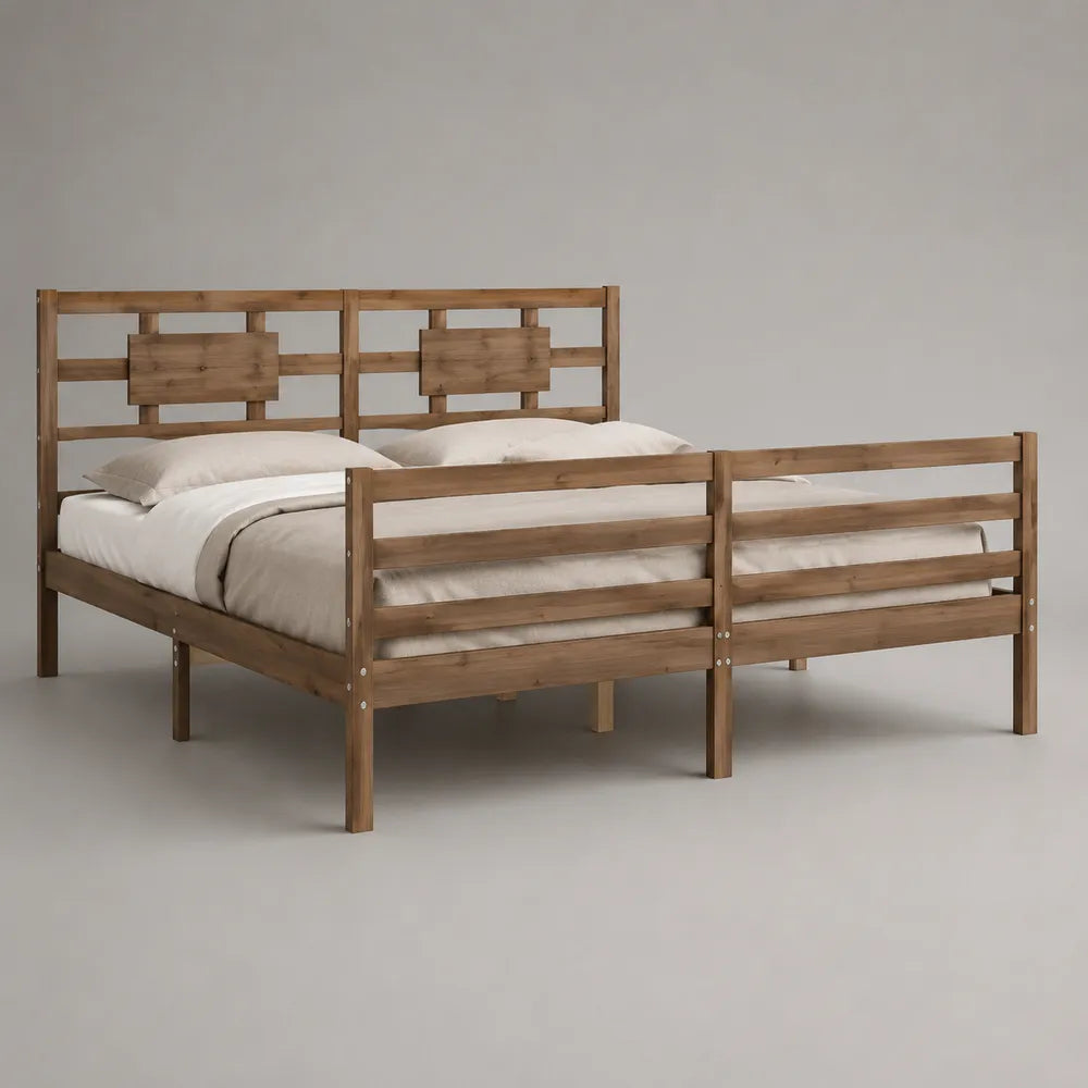 Struttura letto matrimoniale 160 x 200 cm in legno massello finitura noce naturale con testiera e pediera a doghe struttura rettangolare