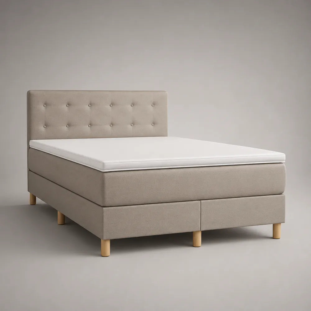 Letto matrimoniale contenitore 160 x 200 cm in tessuto beige con testiera trapuntata e sollevamento a gas struttura in MDF e metallo
