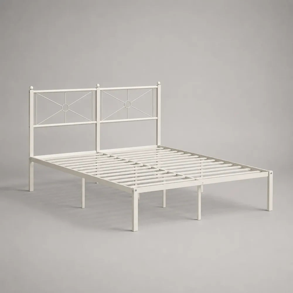Letto matrimoniale 160 x 200 cm in acciaio verniciato bianco con testiera decorativa in metallo e rete a doghe struttura rettangolare