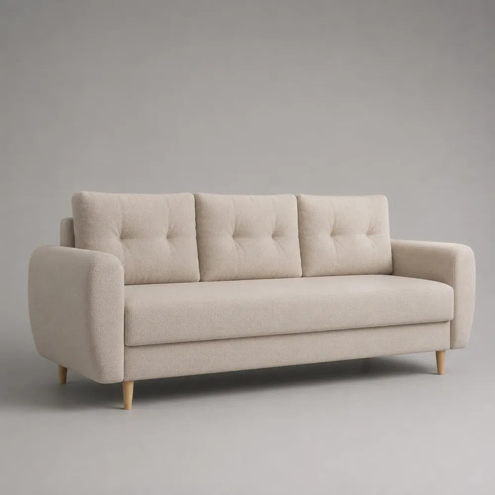 Divano 3 posti in tessuto poliestere beige chiaro struttura in legno ingegnerizzato gambe in legno massello forma rettangolare 200 cm 85 cm 88 cm