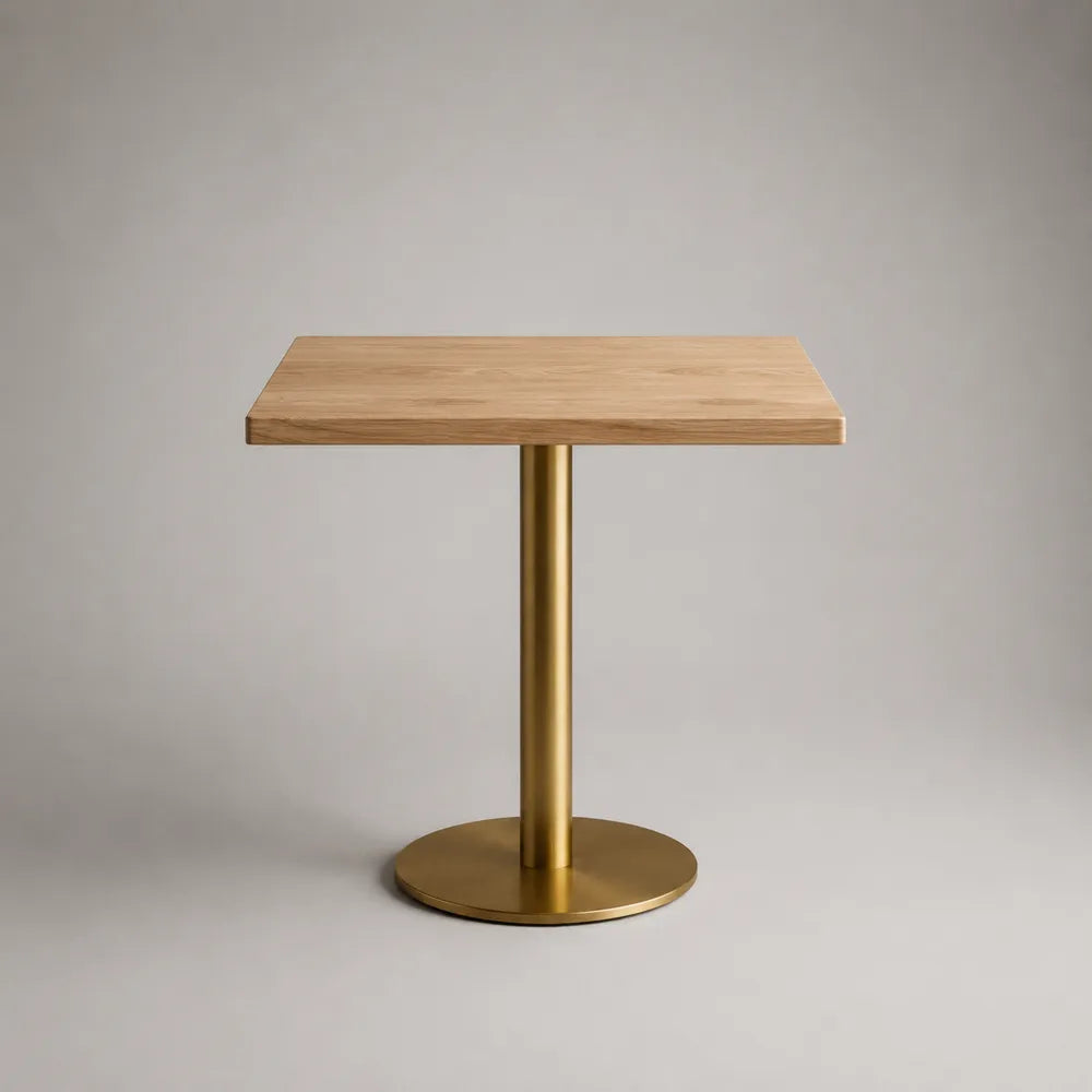 Tavolo da pranzo quadrato 60 cm x 60 cm x 75 cm in legno effetto rovere chiaro e base centrale in metallo finitura oro