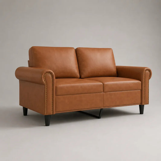Divano 2 posti 150 x 75 x 80 cm in ecopelle PU marrone con braccioli imbottiti e gambe in legno nero
