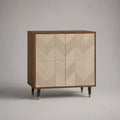 Credenza 90 x 40 x 110 cm 4 ante in MDF effetto noce con frontali decorativi geometrici gambe in metallo nero con puntali dorati
