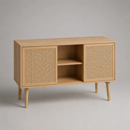 Credenza 140 x 40 x 85 cm in MDF effetto rovere chiaro ante in rattan naturale struttura rettangolare con vano a giorno gambe in legno massello puntali oro