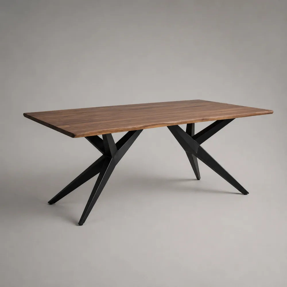 Tavolo da pranzo rettangolare 180 cm x 90 cm x 75 cm in legno effetto rovere naturale e struttura in acciaio nero con gambe incrociate
