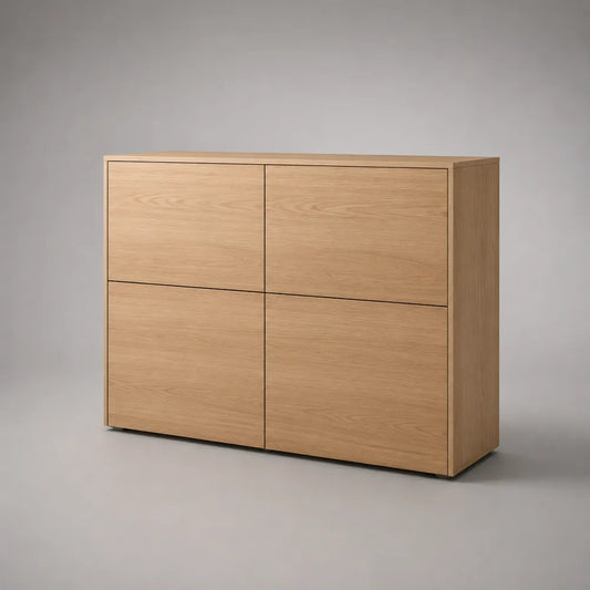 Credenza 140 x 40 x 80 cm in MDF effetto rovere chiaro 4 ante senza maniglie struttura rettangolare base a zoccolo