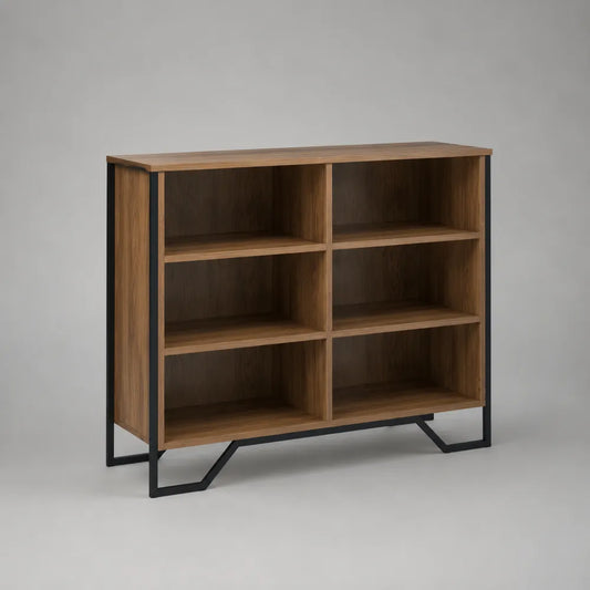 Credenza 120 x 35 x 85 cm in MDF impiallacciato rovere naturale con 6 vani a giorno struttura in acciaio nero