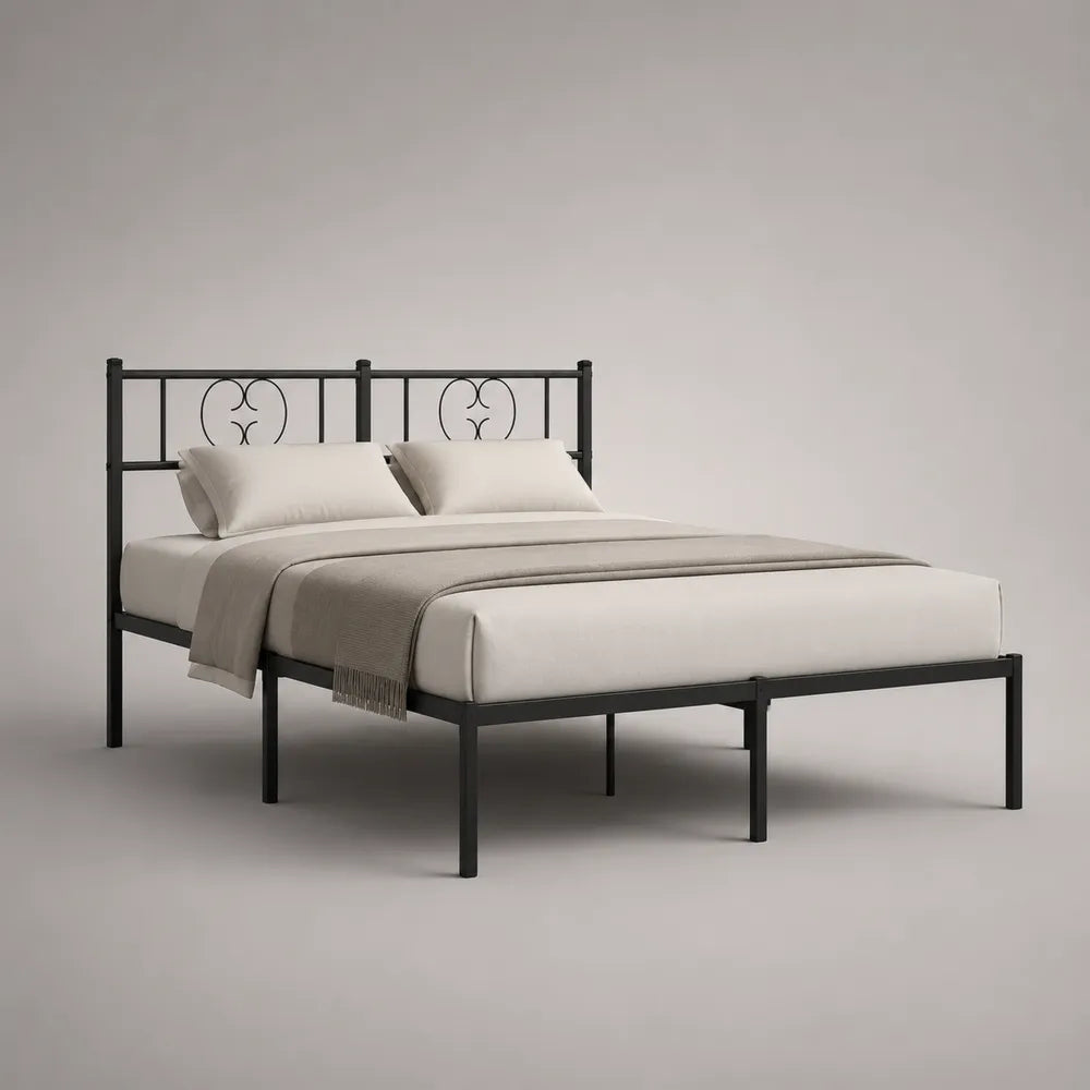 Letto matrimoniale 140 x 200 cm in acciaio verniciato nero con testiera decorativa in metallo e rete a doghe struttura rettangolare