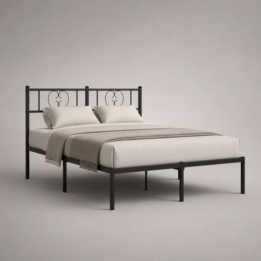 Letto matrimoniale 140 x 200 cm in acciaio verniciato nero con testiera decorativa in metallo e rete a doghe struttura rettangolare