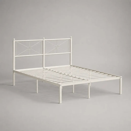 Letto matrimoniale 160 x 200 cm in acciaio verniciato bianco con testiera decorativa in metallo e rete a doghe struttura rettangolare