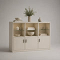 Credenza 140 x 40 x 90 cm in MDF beige con 3 ante e vani a giorno con ripiani in vetro struttura rettangolare