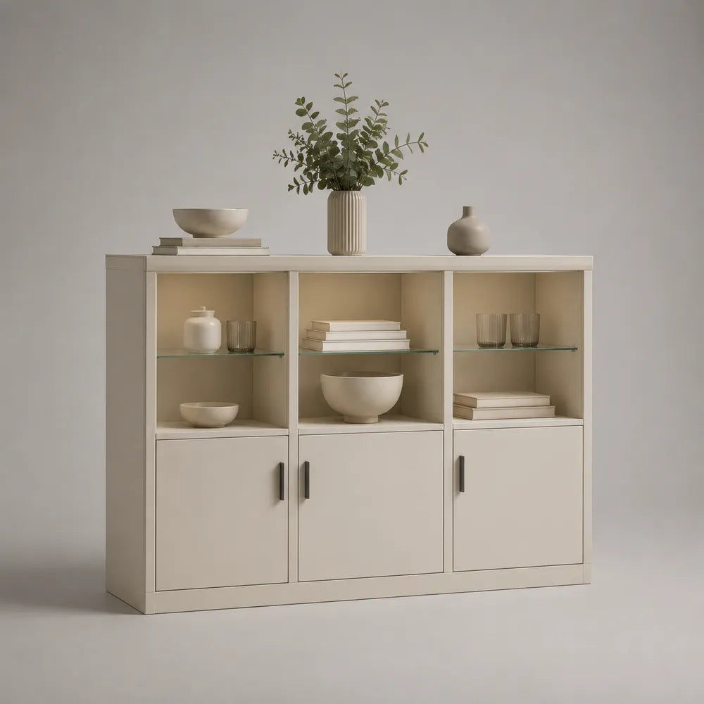 Credenza 140 x 40 x 90 cm in MDF beige con 3 ante e vani a giorno con ripiani in vetro struttura rettangolare