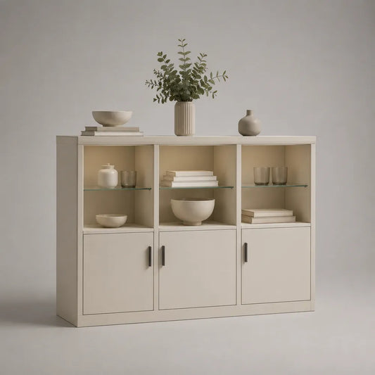 Credenza 140 x 40 x 90 cm in MDF beige con 3 ante e vani a giorno con ripiani in vetro struttura rettangolare