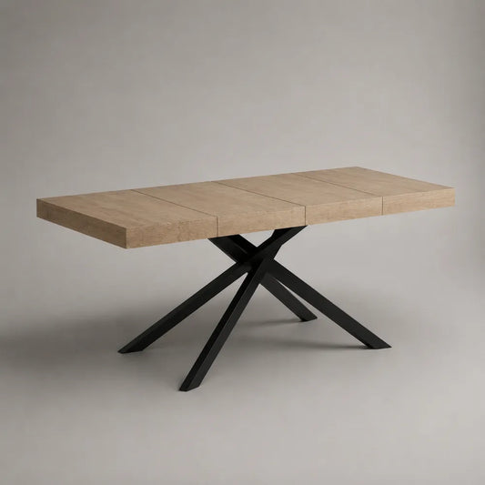 Tavolo da pranzo rettangolare in legno effetto rovere chiaro con struttura in acciaio nero a X 160 x 80 x 75 cm