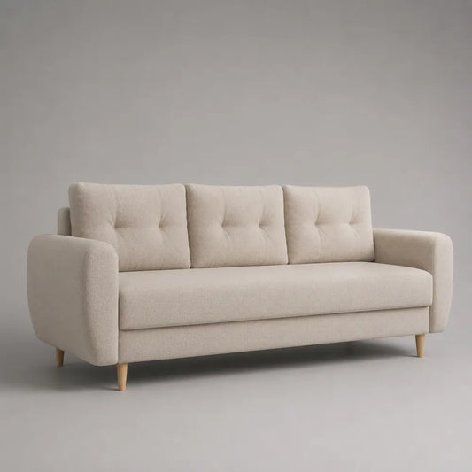 Divano 3 posti in tessuto poliestere beige chiaro struttura in legno ingegnerizzato gambe in legno massello forma rettangolare 200 cm 85 cm 88 cm