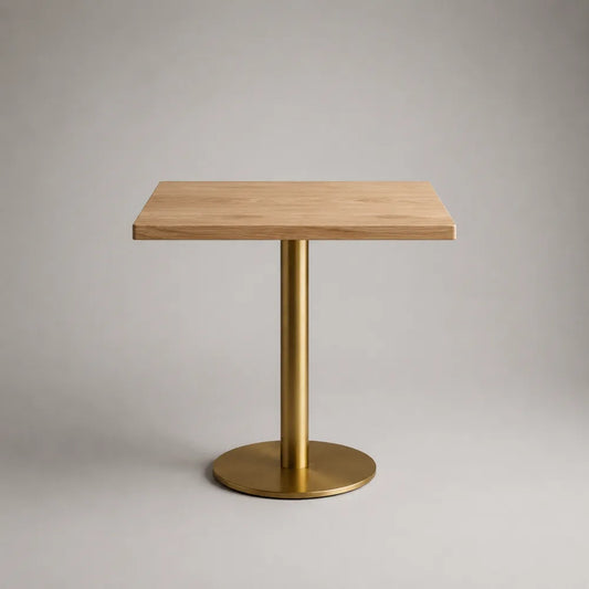 Tavolo da pranzo quadrato 60 cm x 60 cm x 75 cm in legno effetto rovere chiaro e base centrale in metallo finitura oro