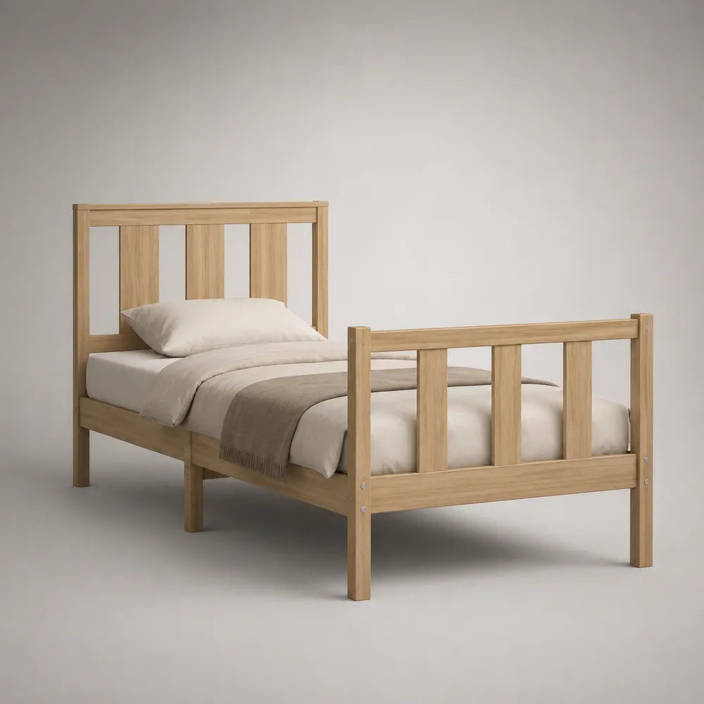 Struttura letto singolo 90 x 200 cm in legno massello di pino finitura rovere naturale con testiera e pediera a listelli struttura rettangolare