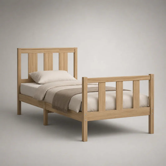 Struttura letto singolo 90 x 200 cm in legno massello di pino finitura rovere naturale con testiera e pediera a listelli struttura rettangolare