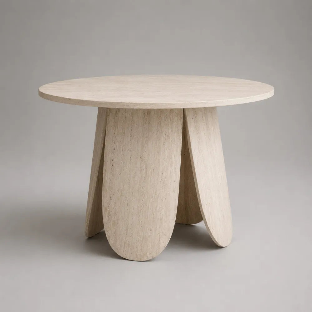 Tavolo da pranzo rotondo in effetto travertino con base in legno multistrato curvato beige 110 x 110 x 75 cm