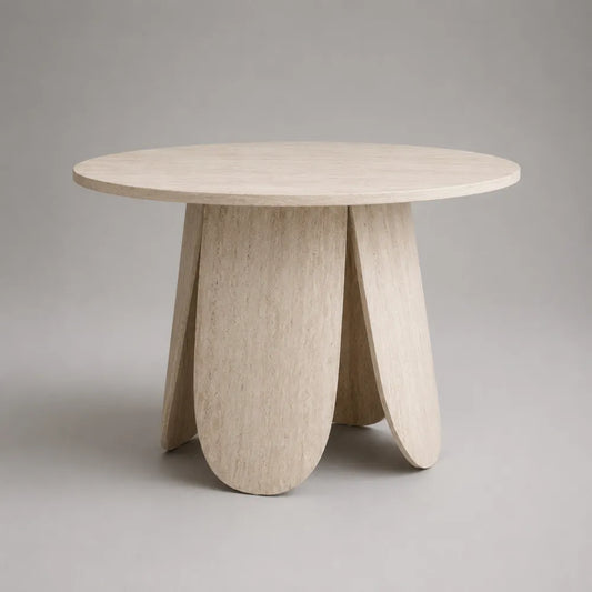 Tavolo da pranzo rotondo in effetto travertino con base in legno multistrato curvato beige 110 x 110 x 75 cm