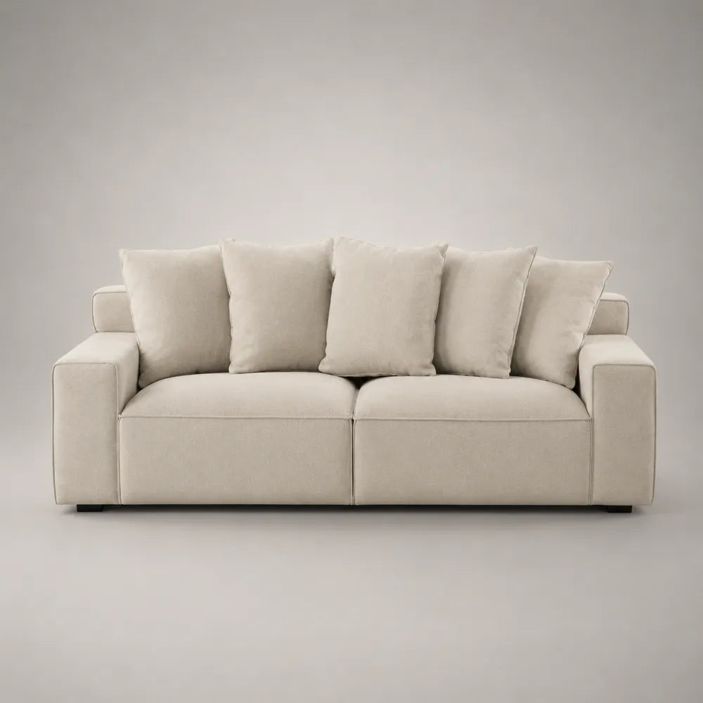 Divano 3 posti 220 x 90 x 85 cm in tessuto poliestere beige con cuscini sfoderabili e gambe nere in legno