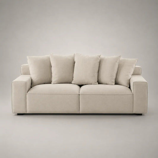 Divano 3 posti 220 x 90 x 85 cm in tessuto poliestere beige con cuscini sfoderabili e gambe nere in legno