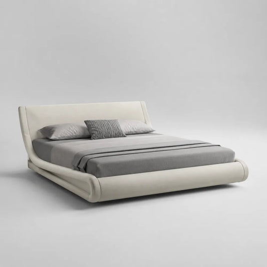 Letto matrimoniale 160 x 200 cm imbottito in tessuto poliestere avorio con struttura curva a piattaforma bassa e testiera integrata